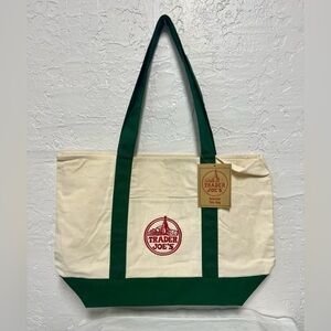 Trader Joe's Green and Cream Large Canvas Tote Bag